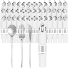 400PCS Pre-Rolled Plastic Cutlery Set Disposable - Wrapped Silver Plastic Silverware Set with 100 Napkins, 100 Spoons, 100 Forks and 100 Knives for Wedding Birthday Party Dinner