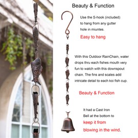Phaxth Antique Bronze Rain Chain with Rainbow Trout for Heavy Rain, Functional and Decorative Replacement Downspout Chain for Outside, Rain Catcher Chain for Gutters, 8.5FT