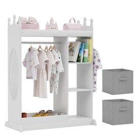 Glaf Kids Dress up Storage with Mirror, Kid Armoire Wardrobe with 3 Hooks and Fabric Storage Bins, Opening Hanging Baby Closet for Nursery, Kids Room, Preschool (White Wash)