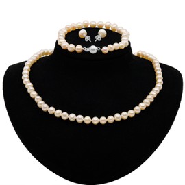 Exquisite AAA+ Genuine Freshwater Pearl Jewelry Set – Necklace, Bracelet & Earrings in White, Black, Pink, or Lavender – Elegant Gift for Women (Pink 7-8mm Round Pearls 17" Necklace Set)