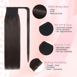 SEGOHAIR Clip In Real Human Hair Ponytail Extensions for Women 100% Remy Human Hair Ponytail Straight Wrap Around Clip in One Piece Hairpiece 14 Inches 80g #02 Dark Brown