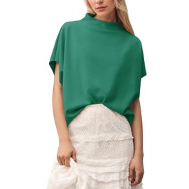 MISSACTIVER Women’s Casual Mock Neck Batwing Tee Top Short Sleeve Drop Shoulder Solid Color Baggy Tshirt Summer Outfits(Large,Green)