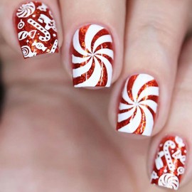 Christmas Press on Nails Short Square Fake Nails Cute False Nails with Swirl Candy Canes Design Full Cover Acrylic Nails Xmas Artificial Nails Holiday Glue on Nails New Year Stick on Nails for Women