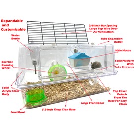 Large Deluxe 2-Floor Acrylic Clear Hamster Mouse Palace House Reptiles Habitat Expandable and Customizable Exercise Running Wheel Water Bottle Tower Food Bowl Hide House