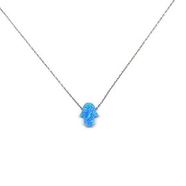 MYSTIC JEWELS by Dalia - Fatima Hand Pendant Necklace 925 Sterling Silver Synthetic Opal Length 40 cm + 5 cm Adjustable (Silver)