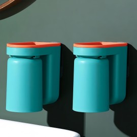 Usoway 2 in 1 Toothbrush Holder Wall-Mounted Toothbrush Holder, Environmentally Friendly PP Material, Bathroom Shower Toothbrush Holder, Adhesive Toothbrush Holder Set with Cup. (Green-2PCS)