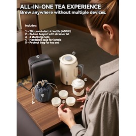 Complete Travel Tea Set with Mini Electric Kettle 0.6L, Hardshell Case for Portable Travel Hot Water Boiler, Teapot with Strainer, Cups and Protect Bag for Home, Office, and Camping White