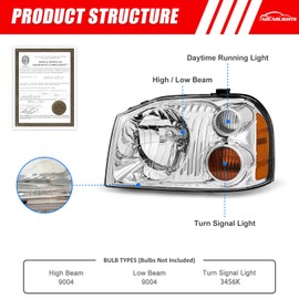 ADCARLIGHTS Headlights Replacement Compatible with 2001-2004 Nissan Frontier Headlight Assembly for 01 02 03 04 Nissan Frontier Clear Lens Chrome Housing with Amber Reflector Driver and Passenger Side