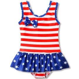 July 4th Baby Girl Ruffled Single Piece American Flag Printed Bow Beach Swimwear Swimsuit Rash Guard (Red, 4T)