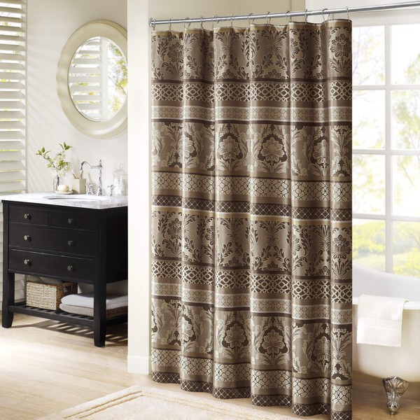 Madison Park, Luxurious Faux Silk Jacquard Design Bellagio Taupe, Transitional Shower Curtains for Bathroom, 72 X 72, Beige, 72x72, Brown