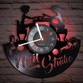 Timethink 12 Inch Nail Salon LED Vinyl Record Wall Clock with 7 Luminous Modes for Nail Studio, Nail Tech Wall Decor Vintage Silent Non Ticking Night Light Wall Clock Nail Room Decor for Home Studio