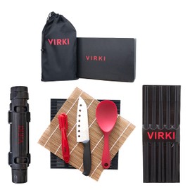 Virki Premium Sushi Making Kit, Sushi Bazooka, Bamboo and Silicone Sushi Rolling Mats, Silicone Rice Spoon, Sushi Knife, 5 Sets Black Fiberglass Chopsticks, Nigiri Rice Mold, Storage Bag