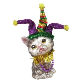 December Diamonds Glass Ornament Grey Tabby Cat with Jester Hat, Marti Gras Theme