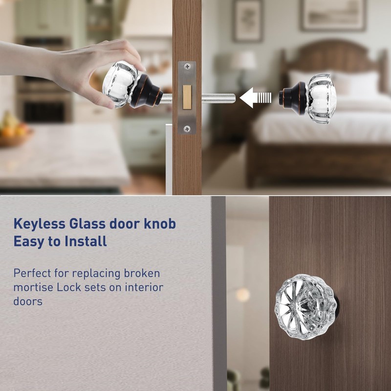 youthua Glass Door Knobs Interior，Mortise Style Fluted Crystal Antique Door