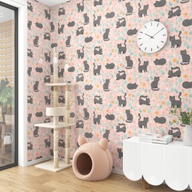Mangoloo 17.5"x102" Modern Pink Floral Peel and Stick Wallpaper Grey Cat Wallpaper Cute Animal Wall Mural Removable Renter Friendly Pink Contact Paper for Cabinets Kids Bedroom Bathroom Playroom