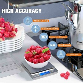 Digital Kitchen Scale, 3000g 0.01oz/ 0.1g Pocket Cooking Scale, Mini Food Scale, Pro Electronic Jewelry Scale with Back-Lit LCD Display, Tare & PCS Functions, Stainless Steel, Batteries Included