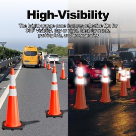 ELLUMIN Traffic Cones 36 Inch Safety Cones 6 Pack with Heavy Duty Black Base - Safety Cones with Reflective Collars for Driveway Road Safety, Traffic Control, Parking Lot (36inch, 6 Pack)