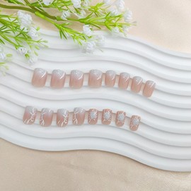 Short Press on Nails Square Fake Nails with Leaves Designs White French Tip Nails Press ons Glossy Glue on Nails Nude Acrylic Nails Simple False Nails Artificial Stick on Nails for Women 24Pcs