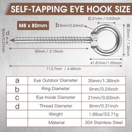 Pack of 4 Eye Bolts M8, 304 Stainless Steel Heavy Duty Eye Bolts, Long Eye Bolt M8 x 80 mm Eye Bolt for Hammocks, Awnings, Hanging Chairs, Rocking Chairs, Fixed Cable, Hanging Basket
