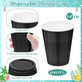 Kochorie 200 Pack Black Disposable Plastic Cups 12 Ounce Drinking Party Cups Bulk Party Cups for Wedding Birthday Graduation Christmas Parties, Picnics Events