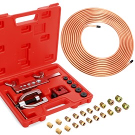 Fasmov 25 ft 3/16" Copper Coated Brake Line Kit, Brake Line Flaring Tool Kit (Includes 16 Fittings and 4 Unions Brake Line Fittings) + Double & Single Flaring Tool Kit