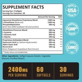 2400 MG Liposomal Glutathione Softgels, Max Absorption, Active Form L-Glutathione Reduced (GSH), with Hyaluronic Acid, Resveratrol, Master Antioxidants for Detox, Brain, Immune System, 180 Softgels