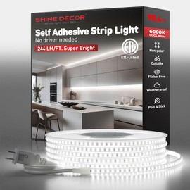Shine Decor LED Strip Light Super Bright 24000LM, Plug&Play 120V Driverless Easy Wiring, Flicker Free Weatherproof for Outdoor Indoor, Min. 3.9” Cuttable Stickable, 6000K Cool White 98FT ETL Listed
