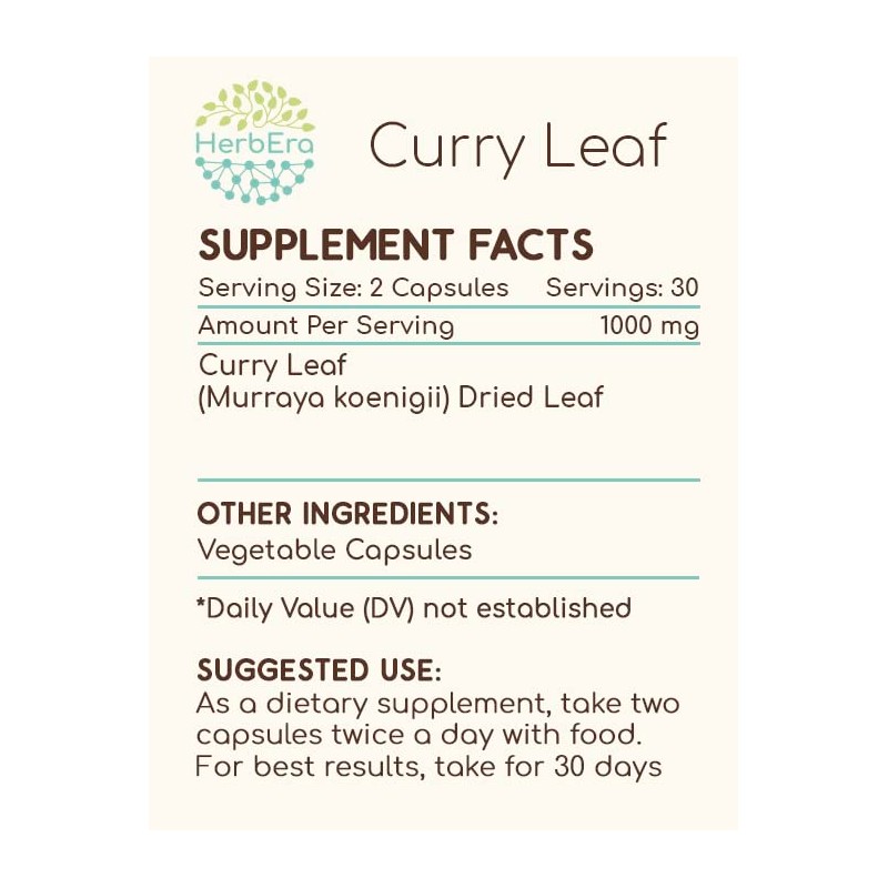 HerbEra Curry Leaf 60 Capsules, 500 mg, Curry Leaf (Murraya