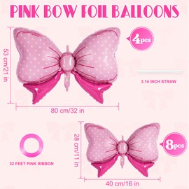 12 Pcs Pink Bow Balloons for Girls,Giant Bow Foil Balloons,Pink Bows Gender Reveal Decorations for Birthday Party Wedding Baby Shower Mouse Party Decoration