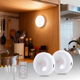 2 Pack Rechargeable Puck Lights with Remote & Touch Control, Wireless Under Cabinet Lighting, 3 Color Temperatures & Dimmable Stick on LED Lights, Magnetic Tap Light for Closet, Shelf Display, Kitchen