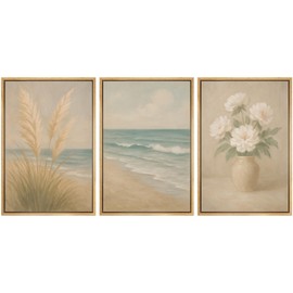 SIGNWIN Framed Canvas Print Wall Art Set Soft Coastal Serenity Beach Grass, Ocean Waves, and Vase Floral Illustrations Modern Art Decorative for Living Room, Bedroom, Office - 16"x24"x3 NATURAL