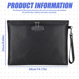 PRITOK Fireproof Document Bag: 36 x 25cm Fireproof Money Bag with Lock, Waterproof and Fireproof Document Bag with Zipper, Fire Proof Safe Storage Pouch for A4 A5 Documents, Cash, Tablet, Passport