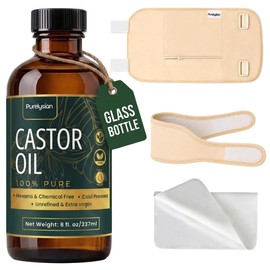 PURELYSIAN - Kit de aceite de ricino orgánico prensado en frío sin refinar (8 onzas), aceite de ricino de algodón orgánico y tela de franela para desi