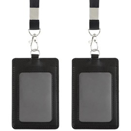 SUNNYCLUE 2Pcs PU Leather Badge Holder Black Lanyard Holder Waterproof Vertical Clear Window ID Cards Protectors Set with Alloy Clasp and Detachable Neck Strap for Employee Office Students School
