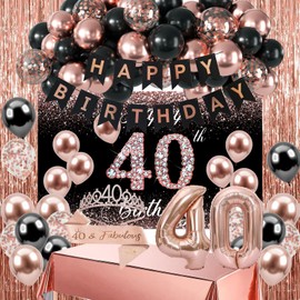 40th Birthday Decorations for Women, Happy Birthday Banner, Backdrop, Crown, Sash, Tablecloth, Balloons and Fringe Curtain, Black Rose Gold Birthday Party Decorations for Women Girls