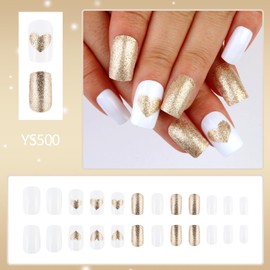 Glod Love Fake Nails, Glod & White False Nails, 24pcs Stick on Nails with Glue,Glossy Fake Nails with Glue,Comfortable Fit Stick on Nails,Full Cover French Tip for Women & Girls Nail Art