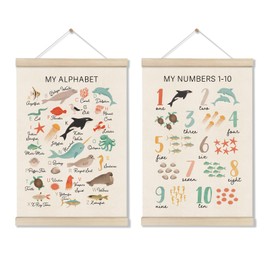 DOI-LANEE Alphabet Numbers Poster Hanger Frame, Kids Educational Posters 16x12 Inch, Set of 2 Ocean Room Decor, Alphabet Chart for Preschool Classroom, Montessori ABC Learning, Sea Life Decor