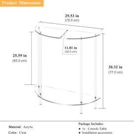 DOHWSK Acrylic Console Table, 2-Tier Half Moon Sofa Couch Table with Storage Shelf, 29.53" Narrow Entryway Table for Bedroom, Living Room, Foyer, Hallway (Clear)