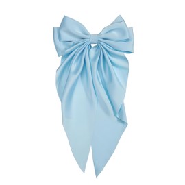 Light Blue Satin Hair Bow Barrette, Large French Metal Bowknot Hairpin with Long Tails, Hair Accessory
