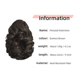 HEWEICSY Ponytail Extension, Clip on Ponytails for Women, 9" Claw Clip in Short Curly Wavy Pony Hair Extension for Women - Darkest Brown