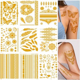 Lezed 9 Sheets Gold Temporary Tattoos, Metallic Festival Accessories, Adult Party Accessories, Used for Everyday Accessories for Girls' Holiday Parties.