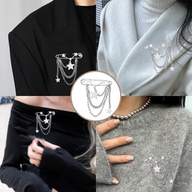 Punk Star Chain Brooch Pin Silver Safety Pin Brooch Hanging Chain Lapel Pin Retro Vintage Pin Brooch Tassel Collar Coat Shawl Brooch Pins for Women Clothes Shoes Sweater Shawl Clips Pins Y2k
