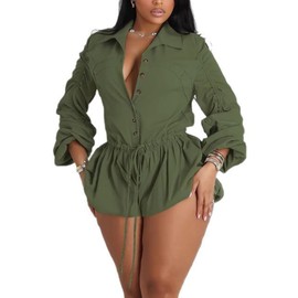 Tbahhir Women Summer Rompers Drawstring Long Sleeve Bubble Cargo Shorts Jumpsuit Casual One Piece Outfits Overalls