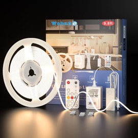 WOBANE Under Cabinet Lighting Kit, 9.8ft COB Light Strip with 24W Adapter,RF Remote,Super Bright Daylight for Kitchen Cabinet,Under Desk,Counter Lighting,4000K Natural White,1500 Lumen,Dimmable