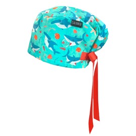 CALOMED Scrub Cap for Women, Euro Style Scrub Caps, Working Hat, Head Cover with Ribbons and Buttons, Long or Short Hair (Sharks and Seashells in The sea)