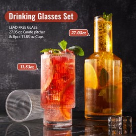 Drinking Glasses, 8 Glass Cups with Straws & Water Carafe, Ribbed Glassware, Highball Glasses, Bedside Carafe and Glass Set Kitchen Glass Pitcher and Tumblers for Drinks Ice Coffee Cups Origami Style