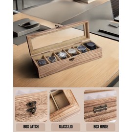 Exper City Watch Box, Watch Case for Men Women with Large Glass Lid, Wooden Watch Display Storage Box with 6 - Slots, Wood Mens Watch Box Organizer