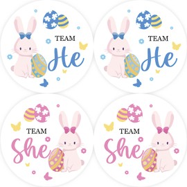 40pcs Easter Gender Reveal Thank You Stickers, Team He Team She Baby Bunny Round Stickers, Little Bunny Boy or Girl Thanks Labels, He or She Round Labels for Gender Reveal Party Favors
