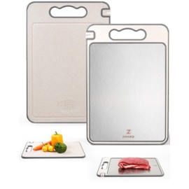 Zavarqi Zavarqi Stainless Steel Cutting Board C Double Sided Metal and Wheat Straw Cutting Board for Kitchen with Juice Groove & Garlic Grinder, Non-Slip & Scratch-Resistant - Lightweight & Durable (Plain)