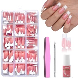 Press on Nails - 240 Pcs Coffin French False Nails Set - Fake Nails Nude Color French False Nail Kit - 15 Size Full Cover Stick On Nails - Acrylic Nail Tips And Glue for French Manicure